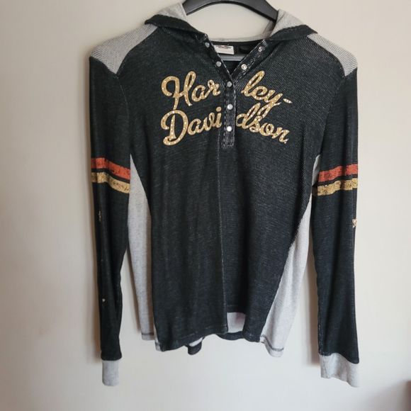 Harley Davidson Gray Thermal Long Sleeve Shirt Stars Stars Pearl Snap Womens XL - Picture 16 of 16